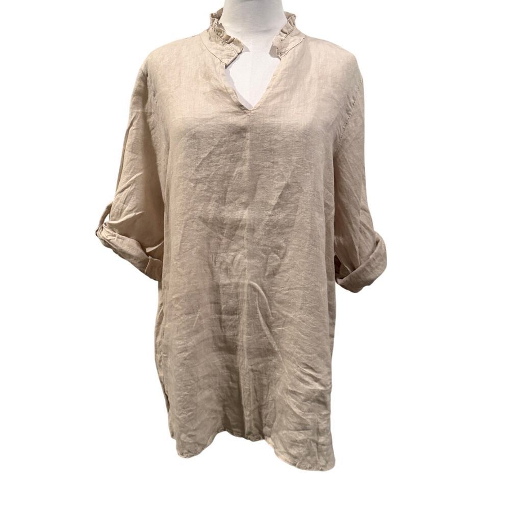 Rosemarine 100% Linen Italian Tunic Top Beige Boho Resort Medium Quiet Luxury